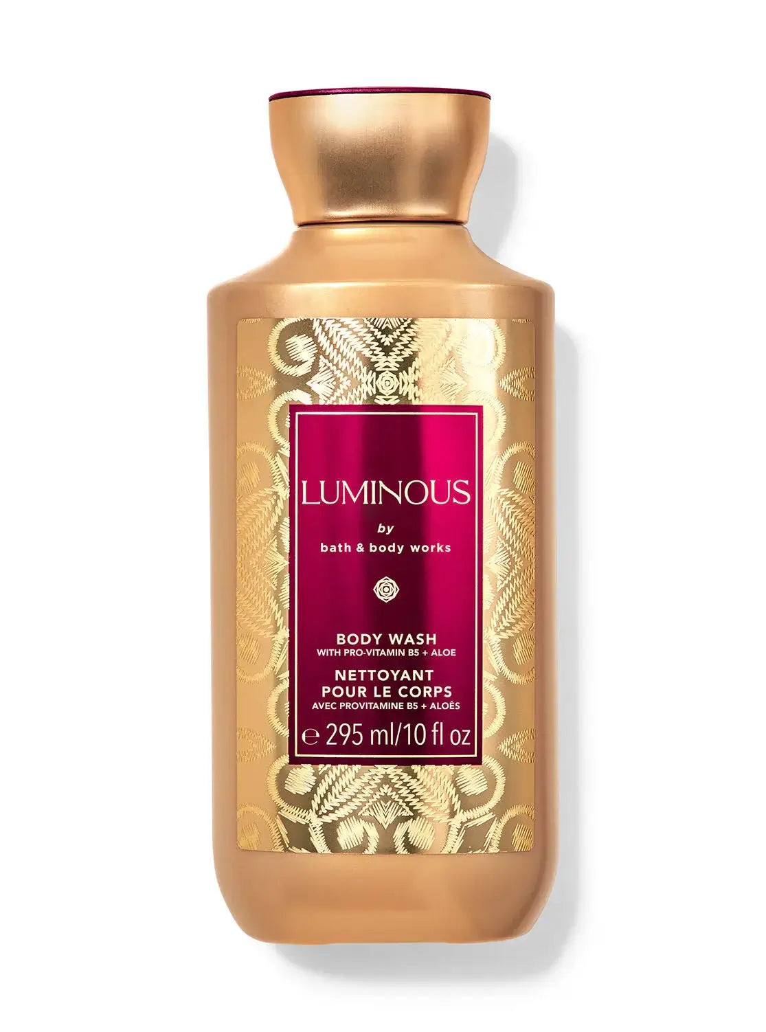 Luminous body wash with pro-vitamins and aloe, 295 ml bottle, featuring ruby currant, gilded iris, and amber scent.